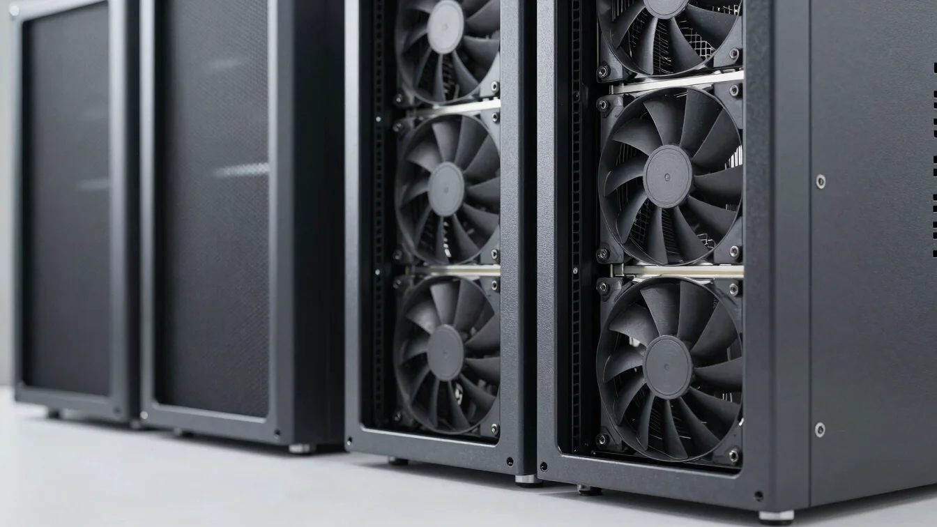 Close-up of workstation server hardware chassis and internal cooling components under crisp studio lighting.