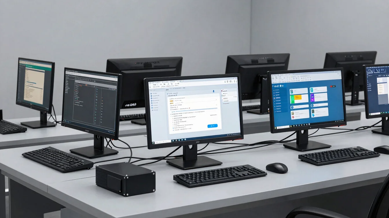 Neatly arranged commercial monitors and input peripheral hardware lines on an industrial distribution table.