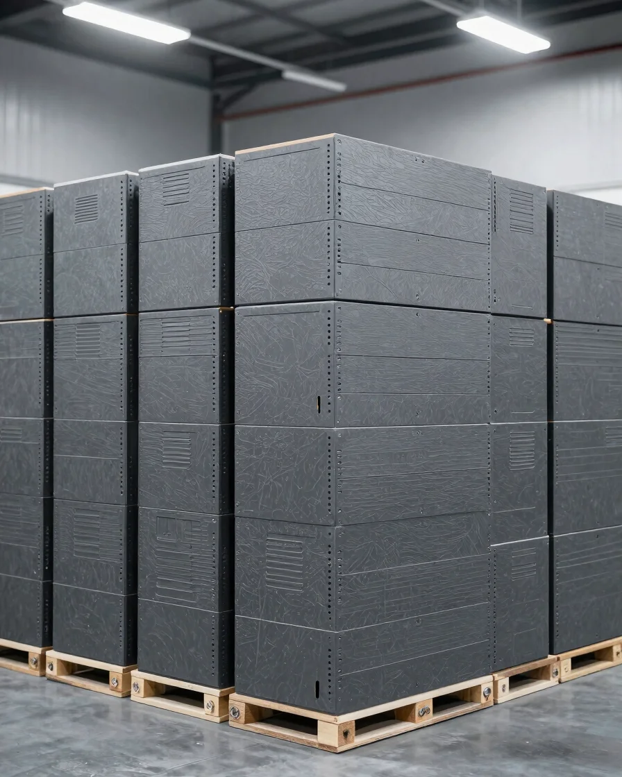 Neatly stacked computer hardware packaging in a high-ceiling distribution warehouse under cool high-key industrial light