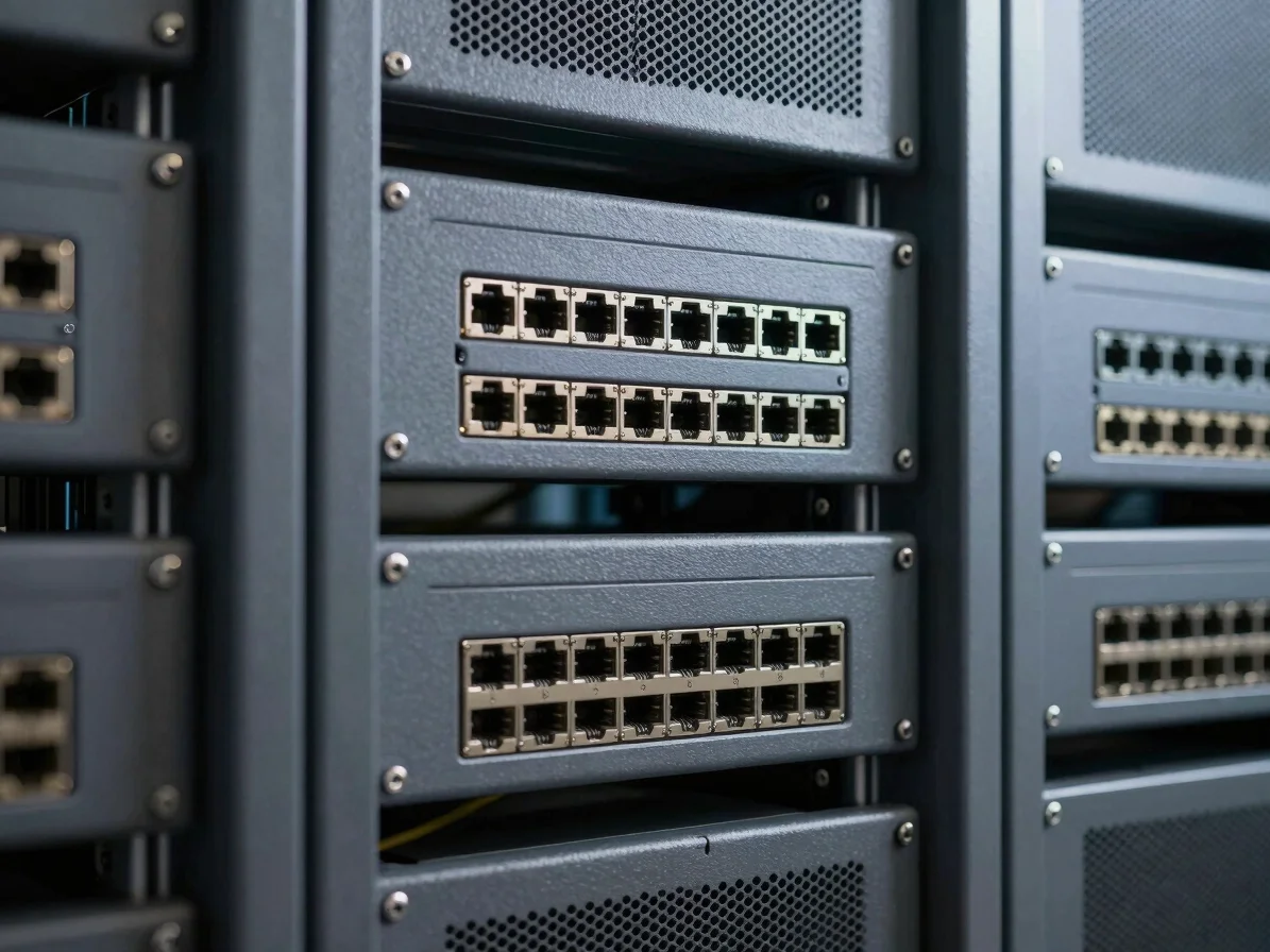 Close-up of peripheral ports and server racks in an organized corporate IT testing facility.