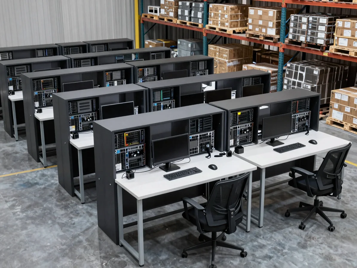 Organized fleet desktop setups and server hardware ready for pallet freight shipping in a warehouse.