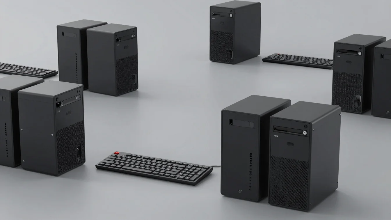 Clean flatlay of enterprise desktop towers and keyboards on a neutral slate gray surface under cool industrial lighting.